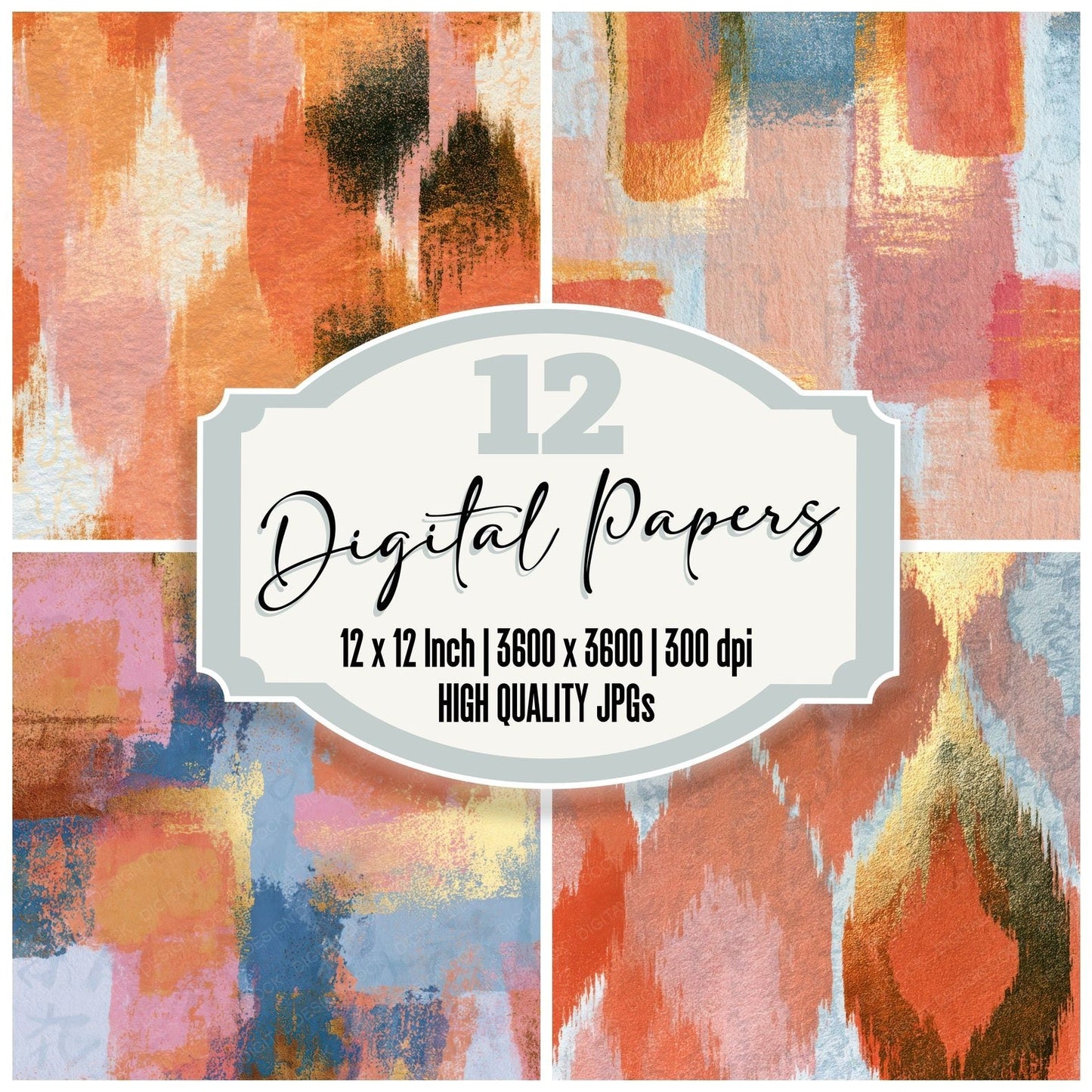 Woodblock Ikat Apricot Rose Digital Paper Pack (DDD013439)