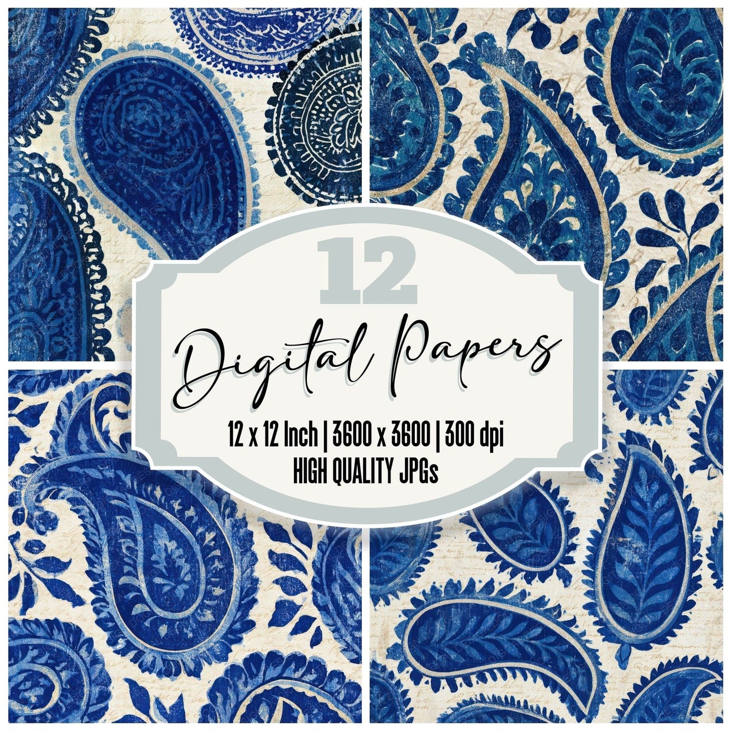 Woodblock Paisley Indigo Ivory Digital Paper Pack (DDD013440)