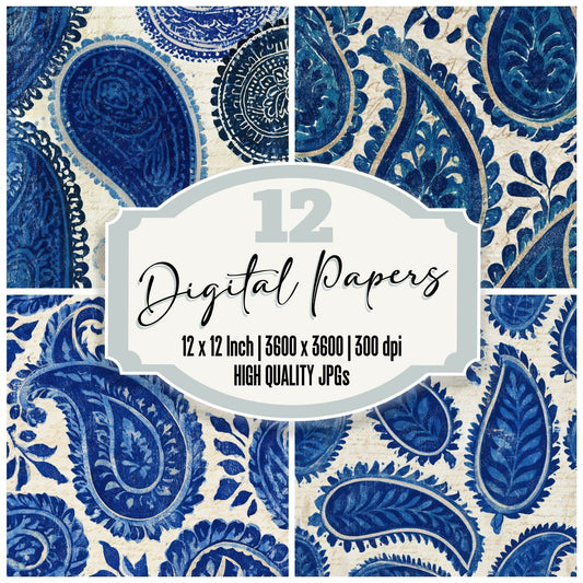Woodblock Paisley Indigo Ivory Digital Paper Pack (DDD013440)