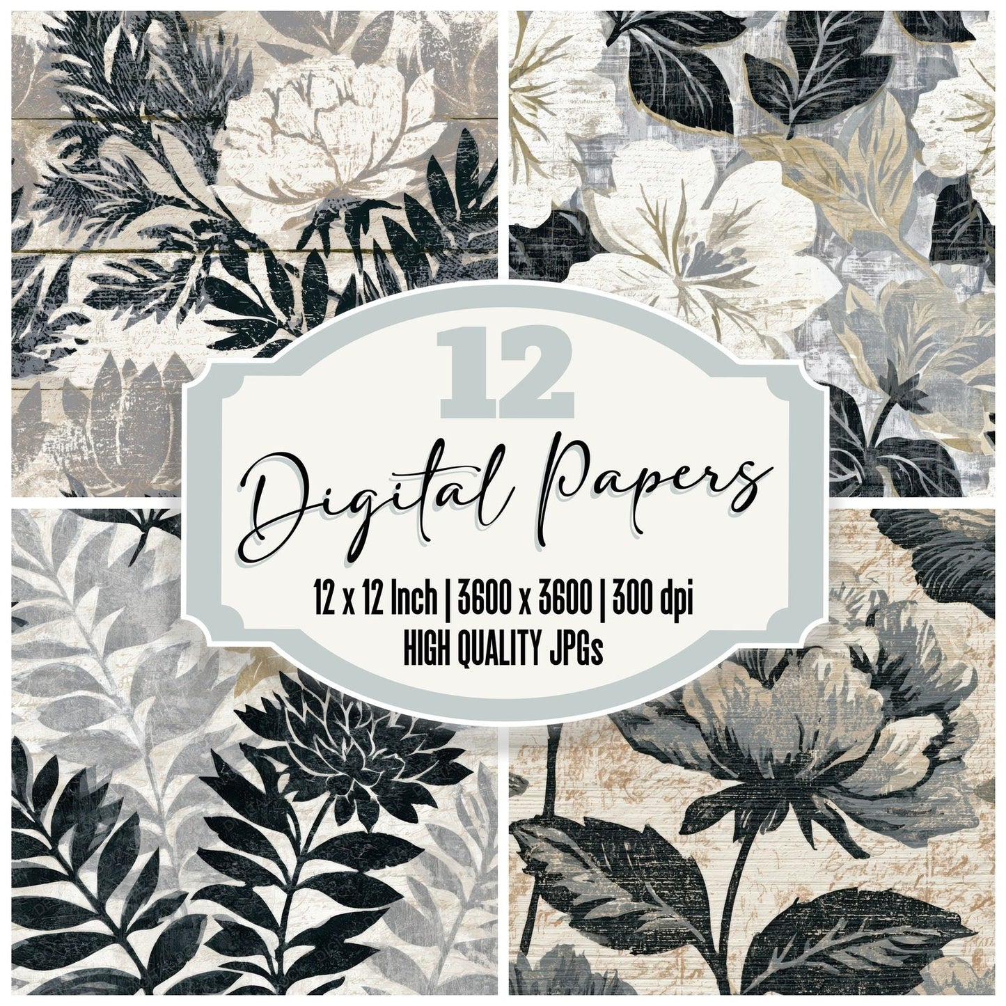 Woodcut Block Print Florals Dove Grey Digital Paper Pack (DDD013441)