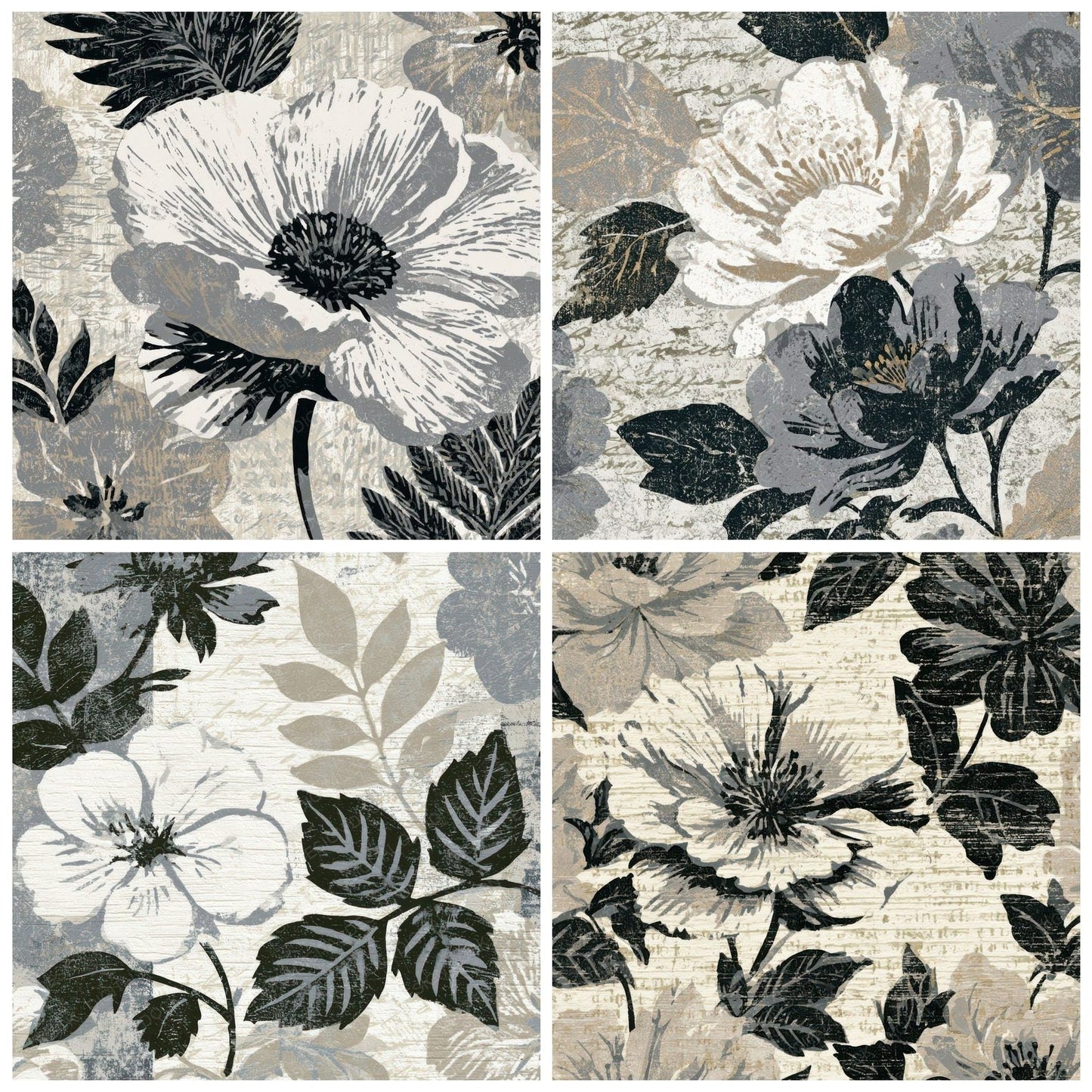 Woodcut Block Print Florals Dove Grey Digital Paper Pack (DDD013441)