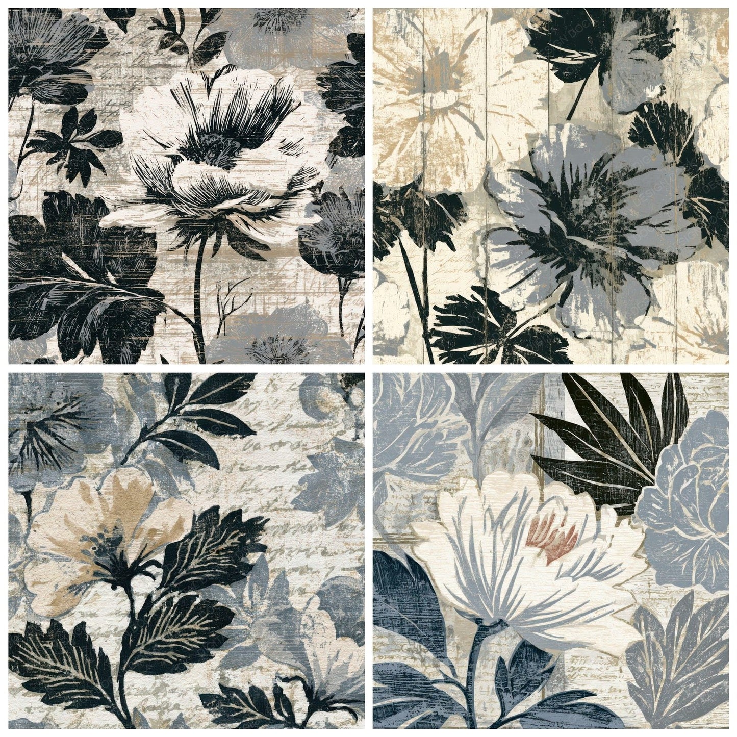 Woodcut Block Print Florals Dove Grey Digital Paper Pack (DDD013441)