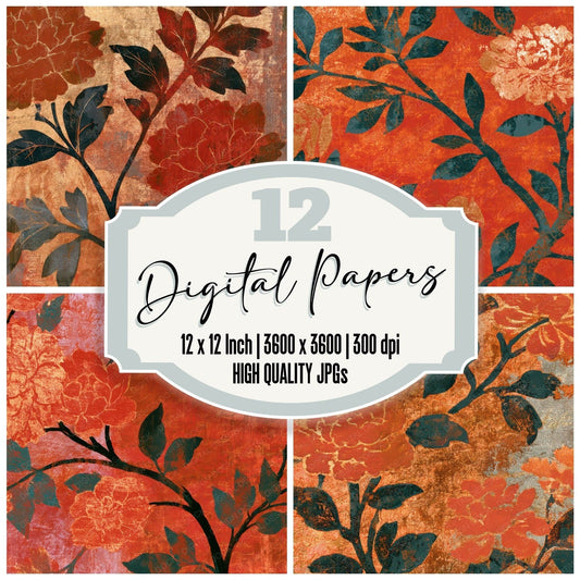 Woodcut Chinoiserie Florals Copper Digital Paper Pack (DDD013442)