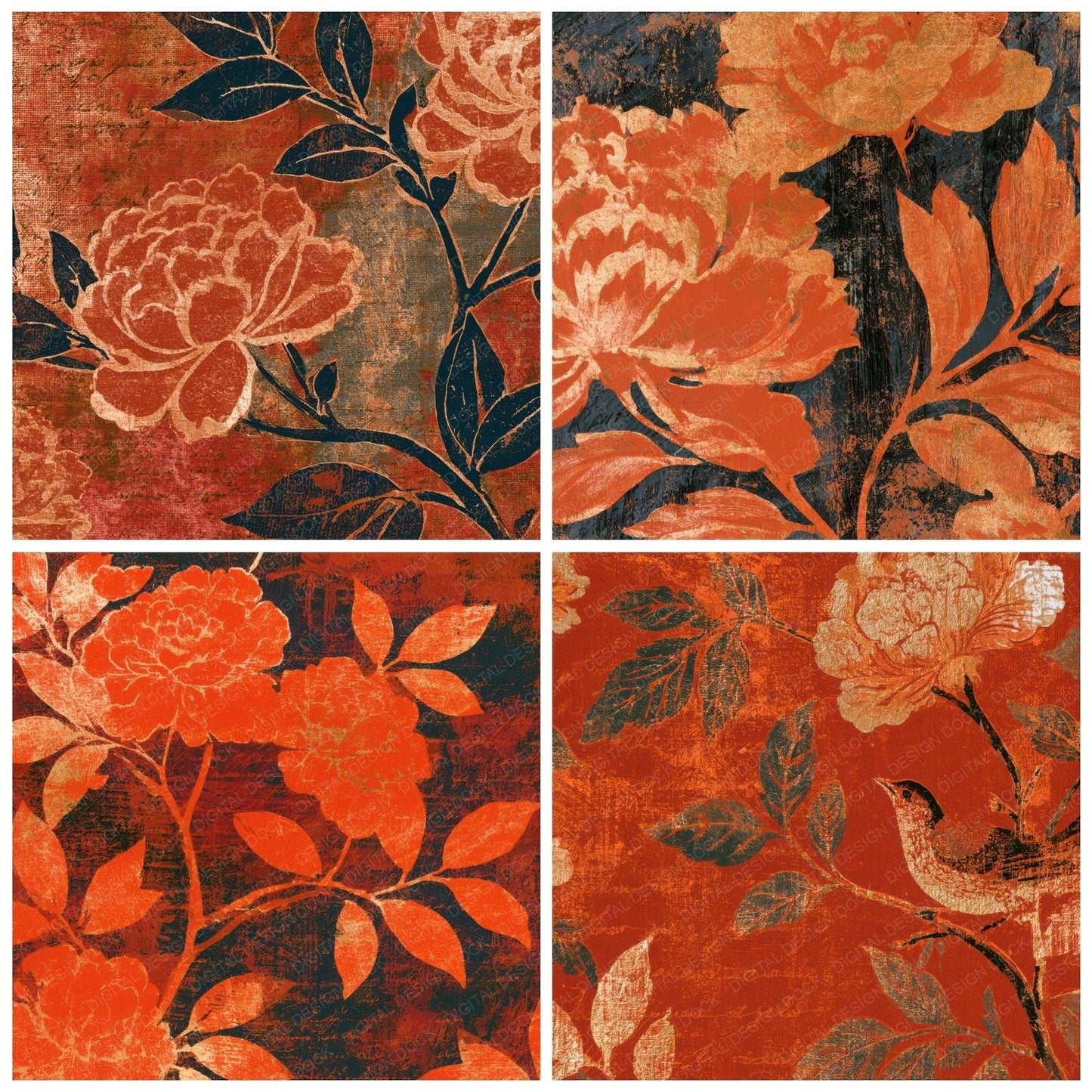 Woodcut Chinoiserie Florals Copper Digital Paper Pack (DDD013442)