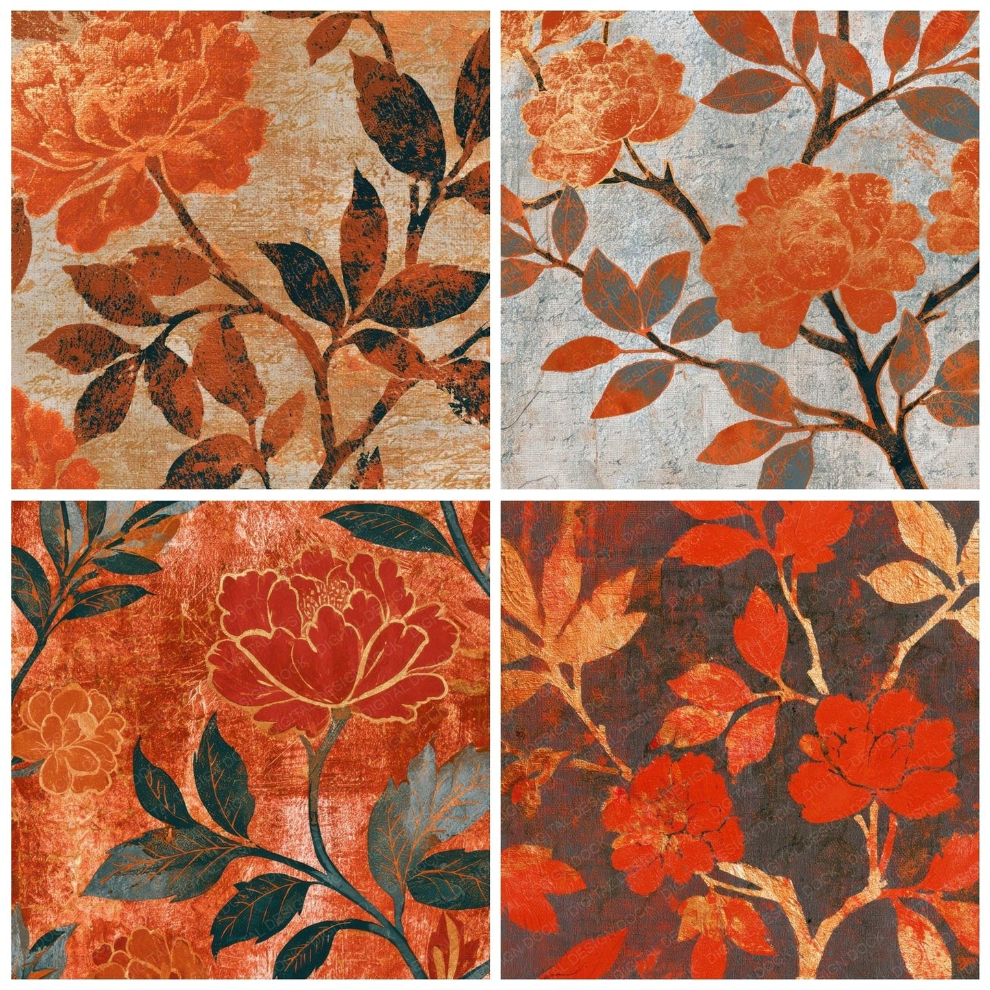 Woodcut Chinoiserie Florals Copper Digital Paper Pack (DDD013442)