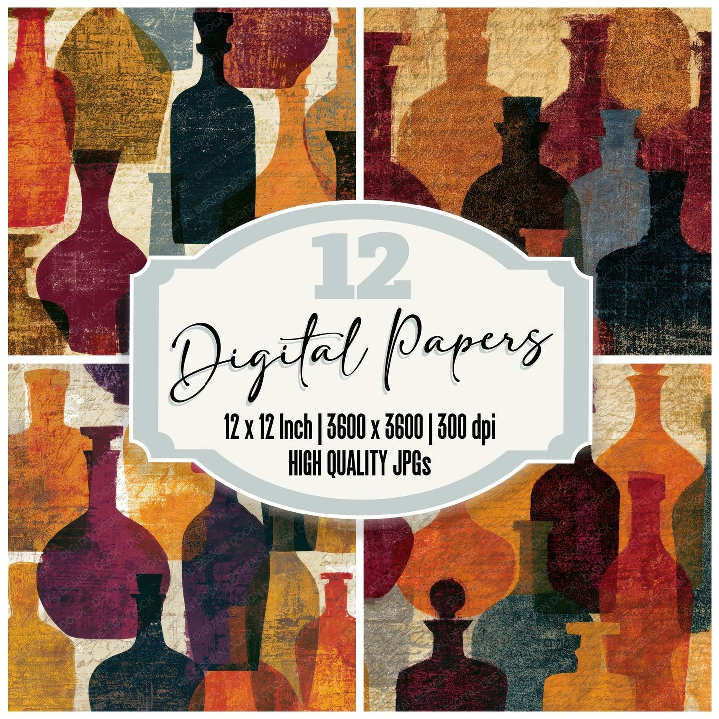 Monoprint Apothecary Bottles Cinnamon Burgundy Digital Paper Pack (DDD013446)