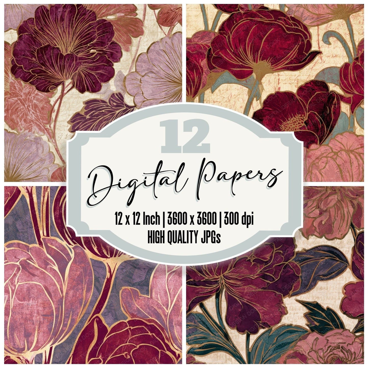 Woodblock Art Nouveau Florals Wine Rose Digital Paper Pack (DDD013455)