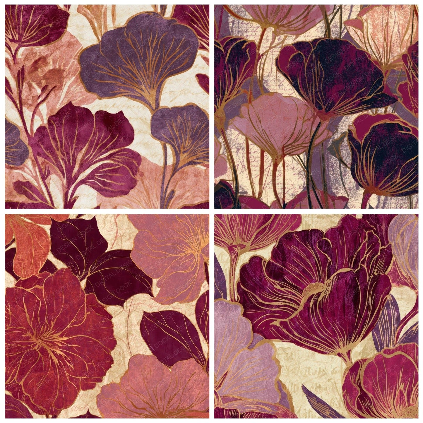 Woodblock Art Nouveau Florals Wine Rose Digital Paper Pack (DDD013455)