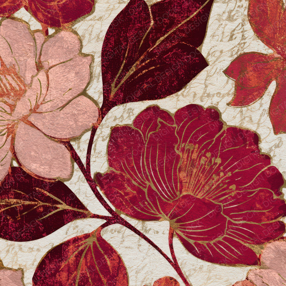 Woodblock Art Nouveau Florals Wine Rose Digital Paper Pack (DDD013455)