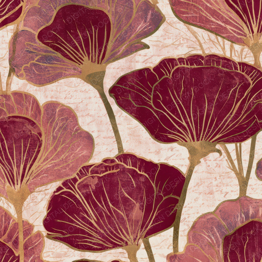 Woodblock Art Nouveau Florals Wine Rose Digital Paper Pack (DDD013455)