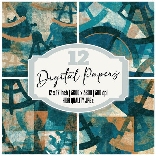Woodblock Sextant Teal Bone Copper Digital Paper Pack (DDD013457)