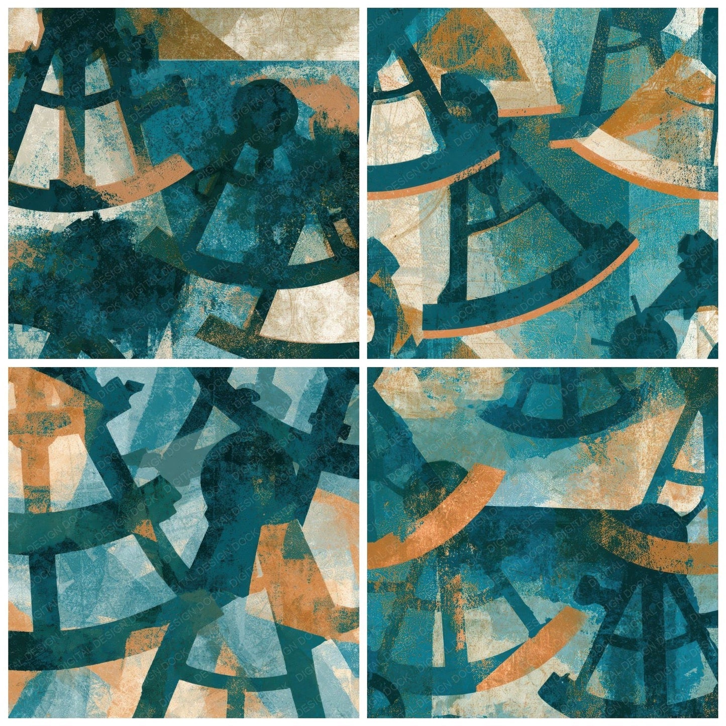 Woodblock Sextant Teal Bone Copper Digital Paper Pack (DDD013457)