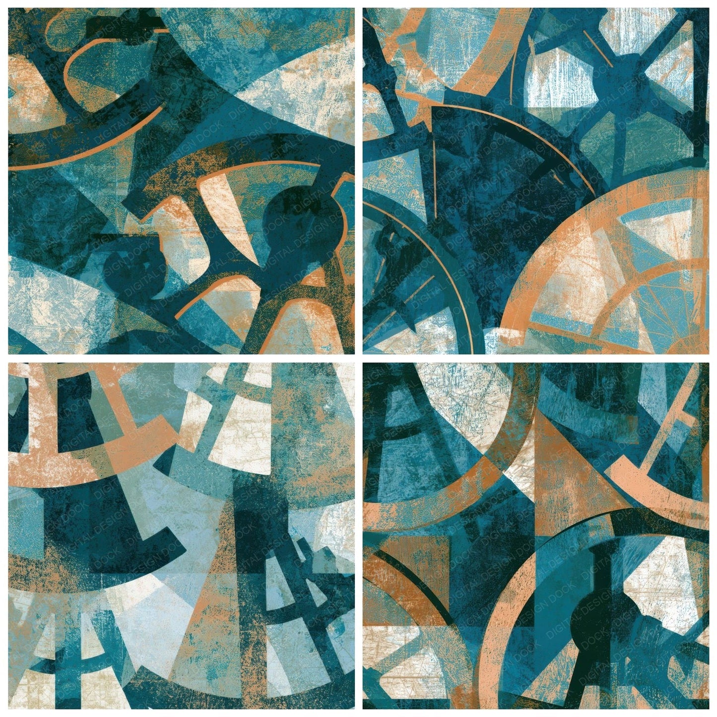 Woodblock Sextant Teal Bone Copper Digital Paper Pack (DDD013457)