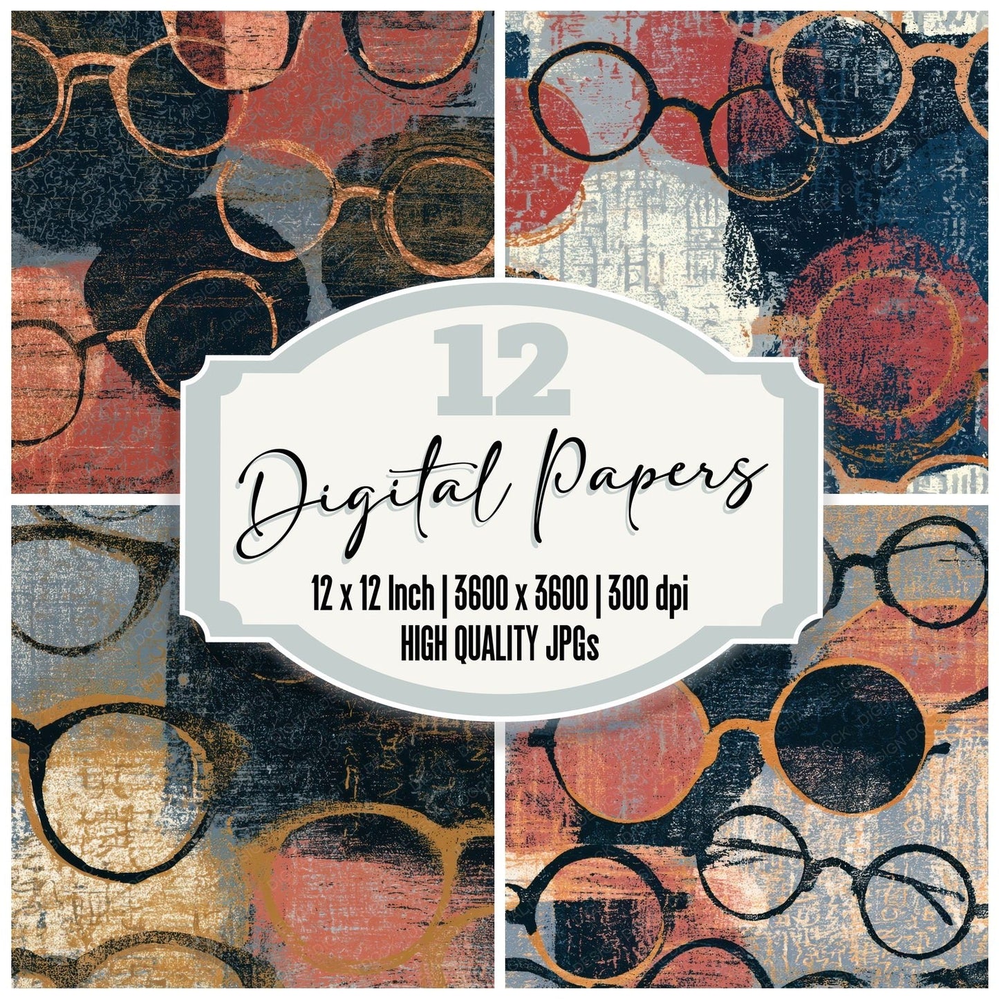 Woodblock Spectacles Jet Rose Pewter Digital Paper Pack (DDD013458)