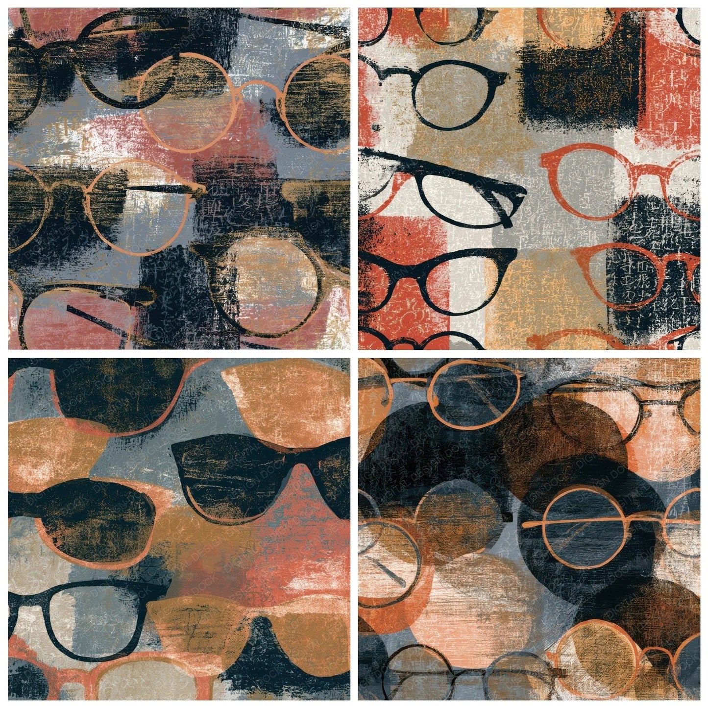 Woodblock Spectacles Jet Rose Pewter Digital Paper Pack (DDD013458)