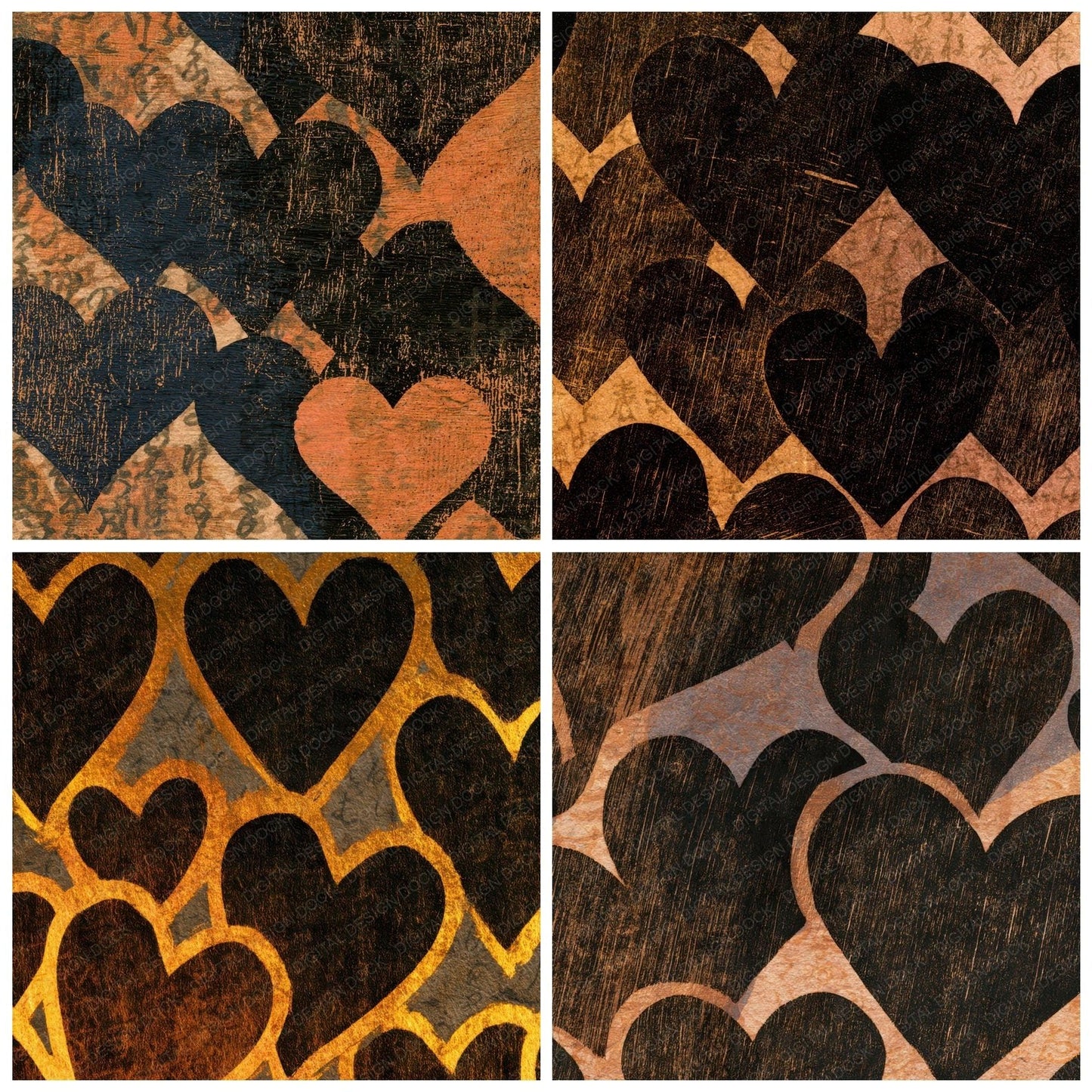 Woodcut Neon Hearts Sepia Digital Paper Pack (DDD013459)