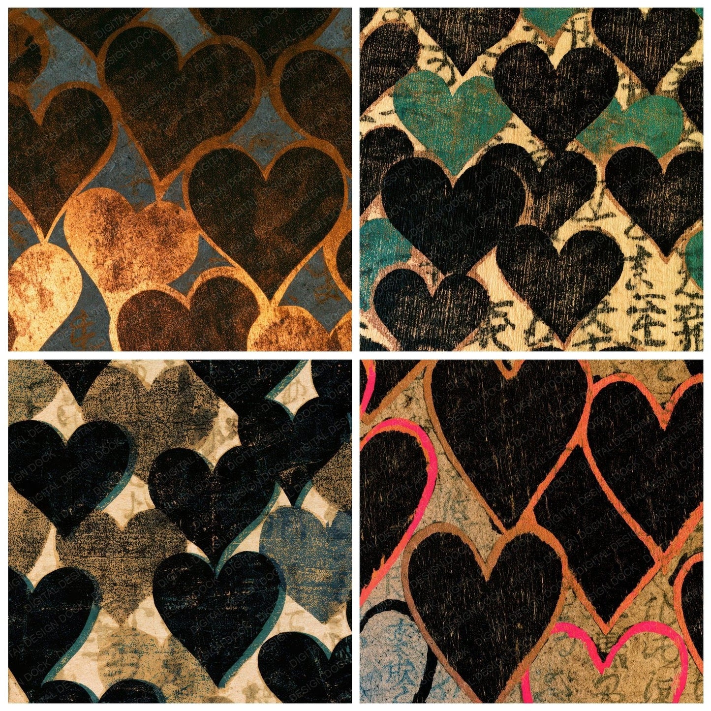 Woodcut Neon Hearts Sepia Digital Paper Pack (DDD013459)
