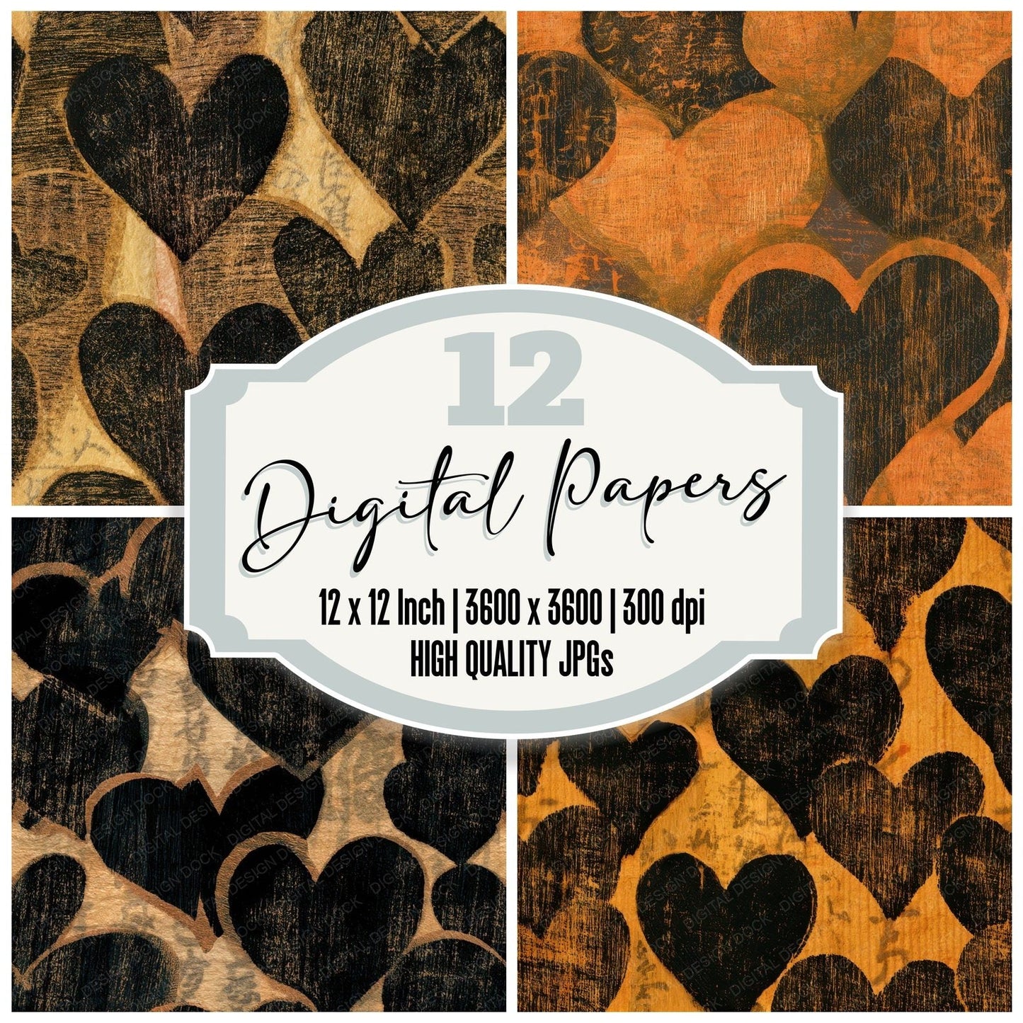 Woodcut Neon Hearts Sepia Seamless Digital Paper Pack (DDD013460)