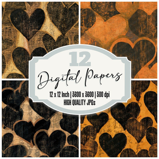 Woodcut Neon Hearts Sepia Seamless Digital Paper Pack (DDD013460)