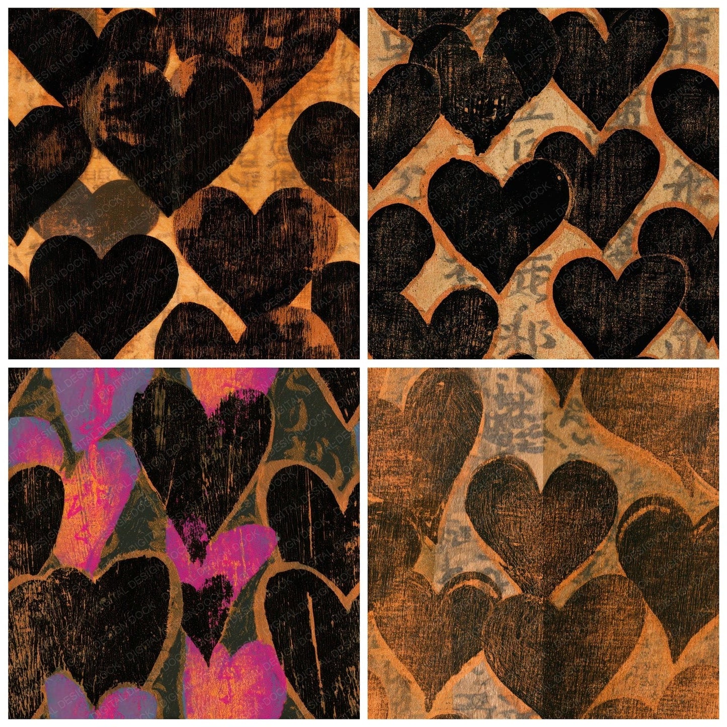 Woodcut Neon Hearts Sepia Seamless Digital Paper Pack (DDD013460)