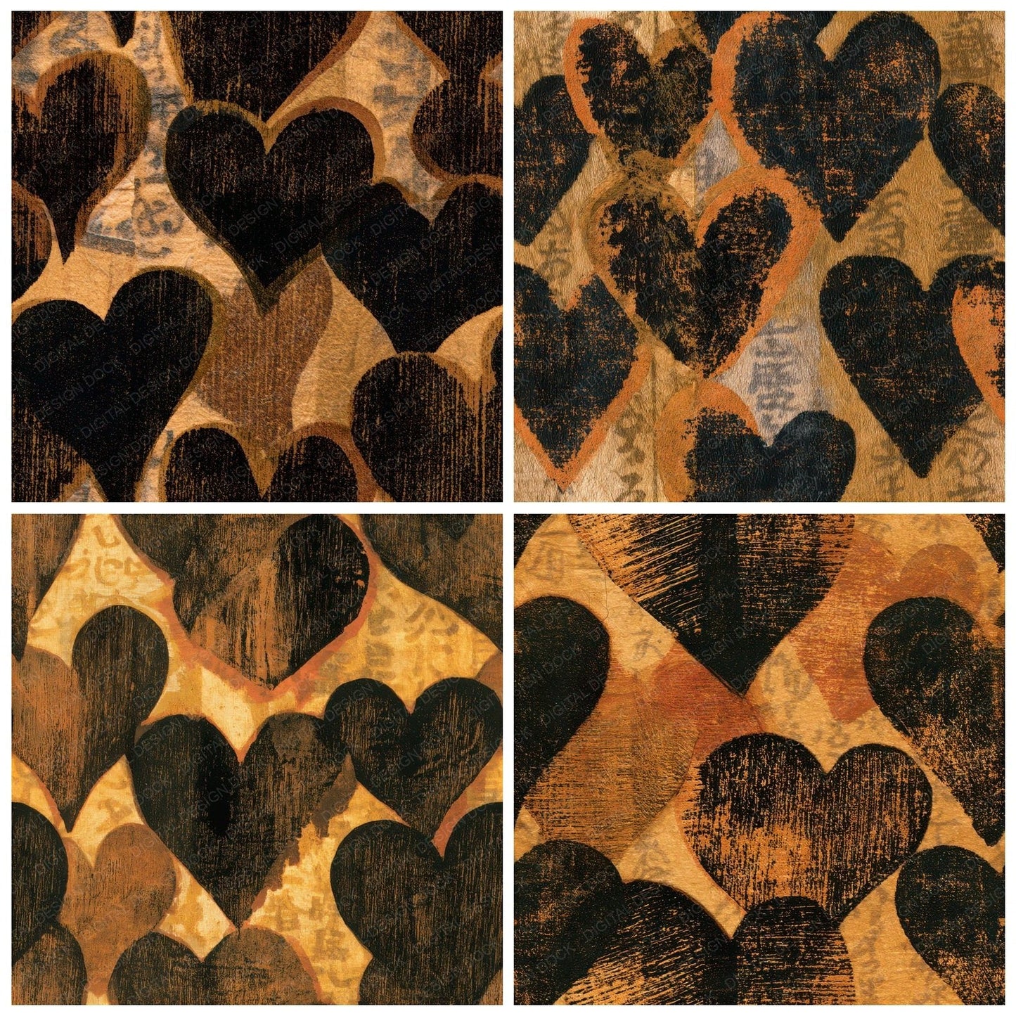 Woodcut Neon Hearts Sepia Seamless Digital Paper Pack (DDD013460)