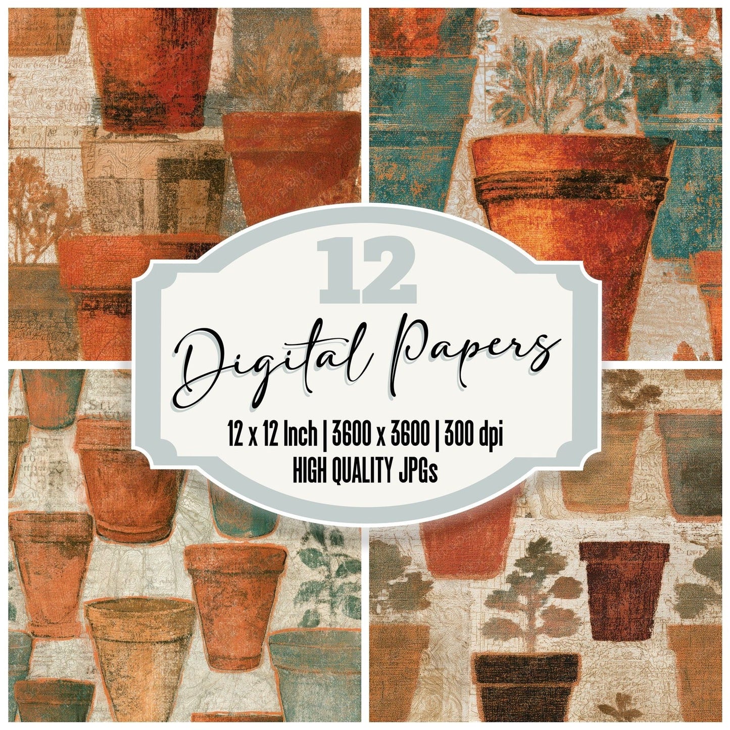Antique Map Flowerpots Copper Seamless Digital Paper Pack (DDD013465)