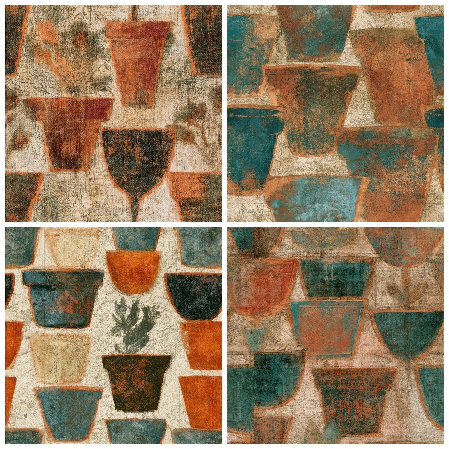 Antique Map Flowerpots Copper Seamless Digital Paper Pack (DDD013465)