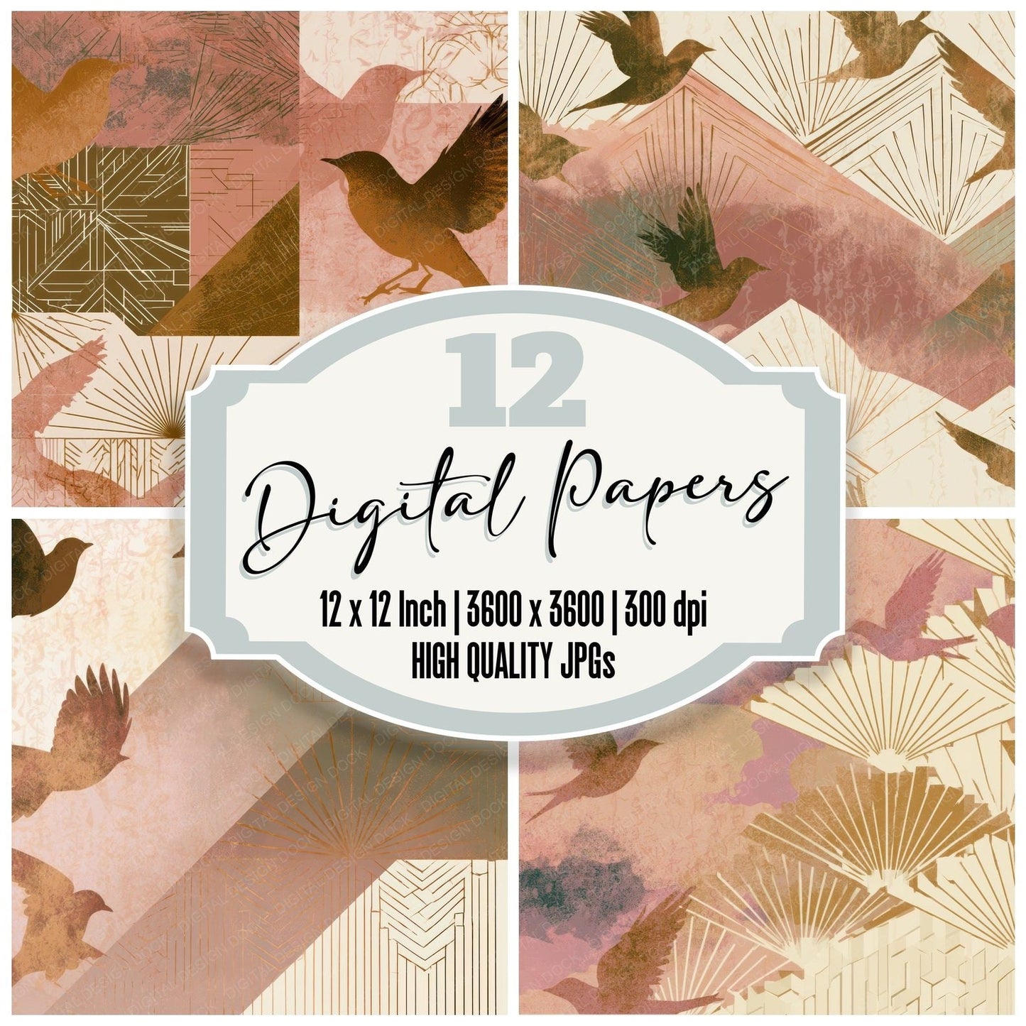 Art Deco Nightingales Dusty Pink Cream Digital Paper Pack (DDD013466)