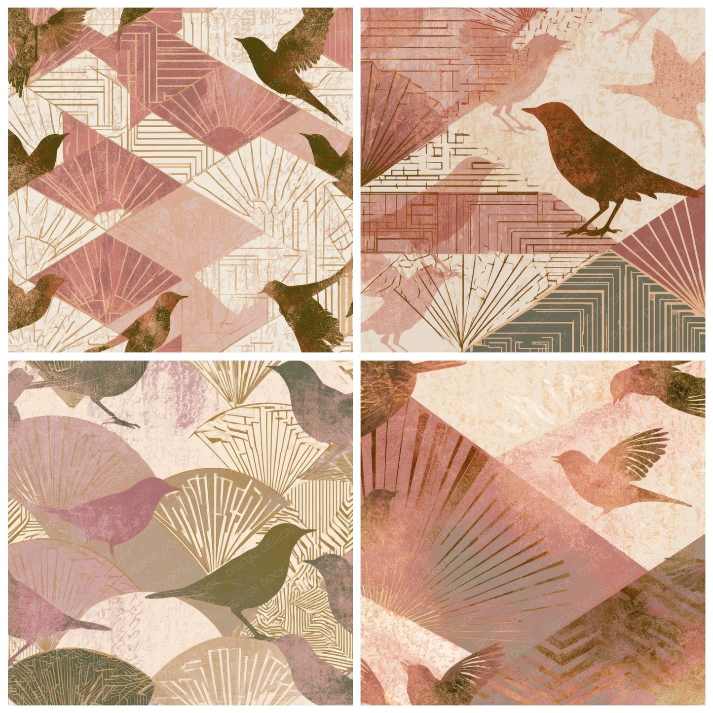 Art Deco Nightingales Dusty Pink Cream Digital Paper Pack (DDD013466)