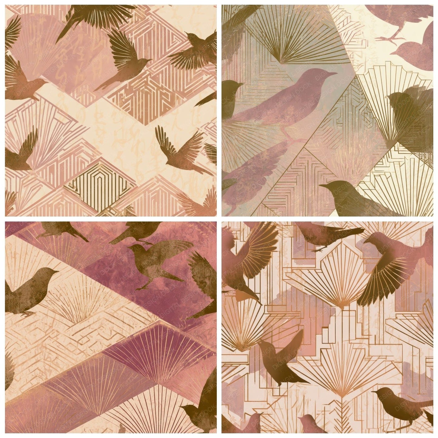Art Deco Nightingales Dusty Pink Cream Digital Paper Pack (DDD013466)