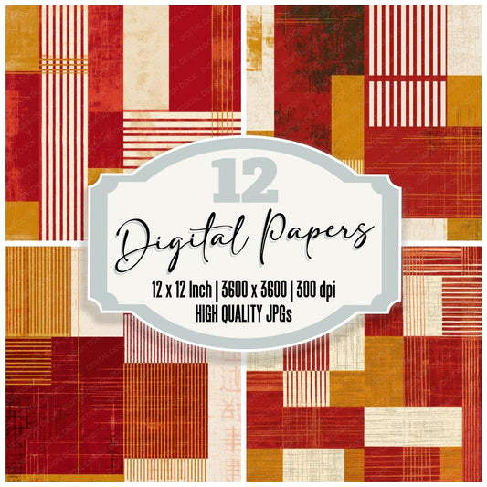 Mid Century Candy Red Cream Abstract Digital Paper Pack (DDD013471)