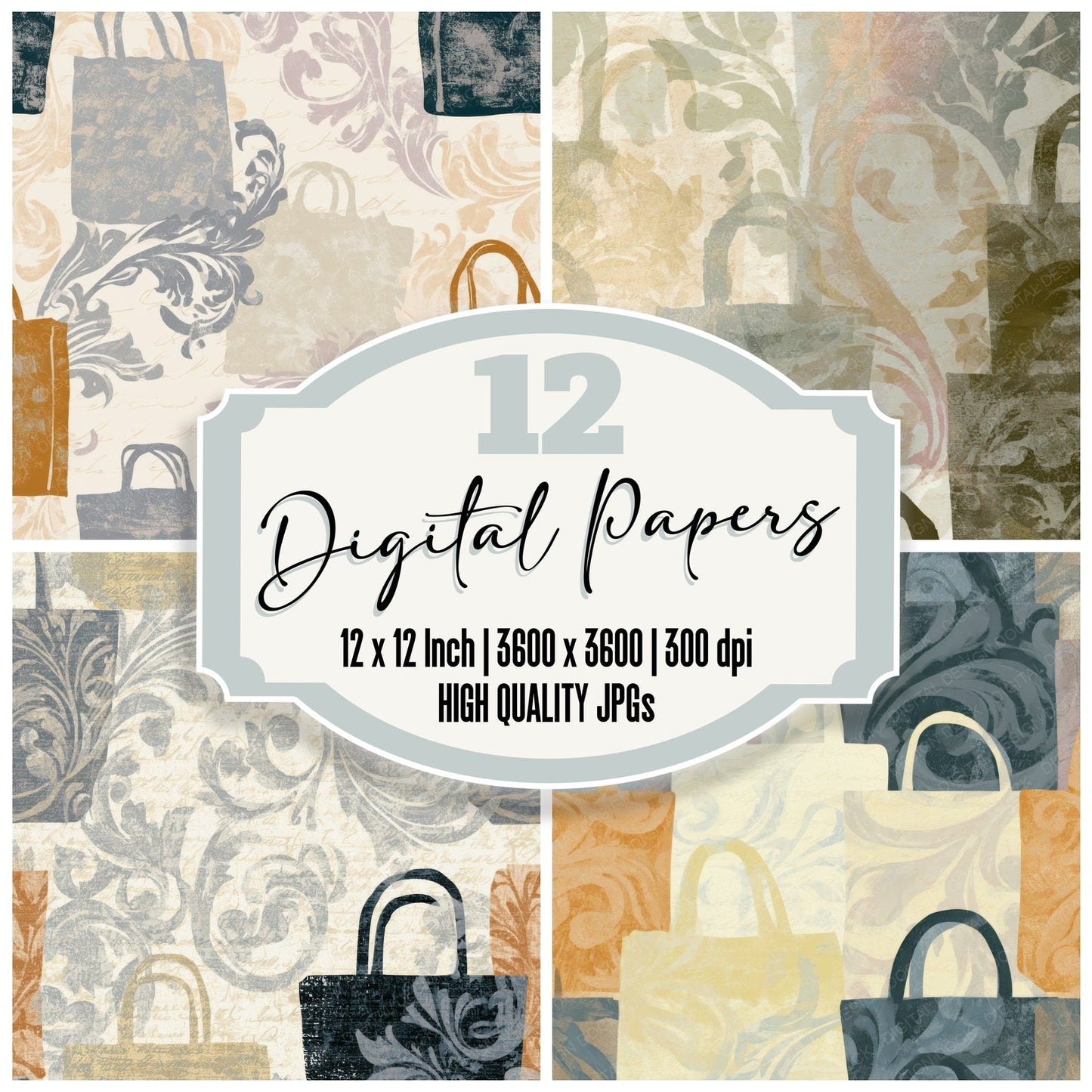 Rococo Tote Bags Graphite Cream Digital Paper Pack (DDD013476)