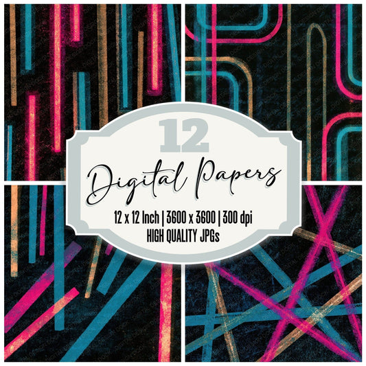 Woodblock Neon Tubes Pink Cyan Digital Paper Pack (DDD013481)