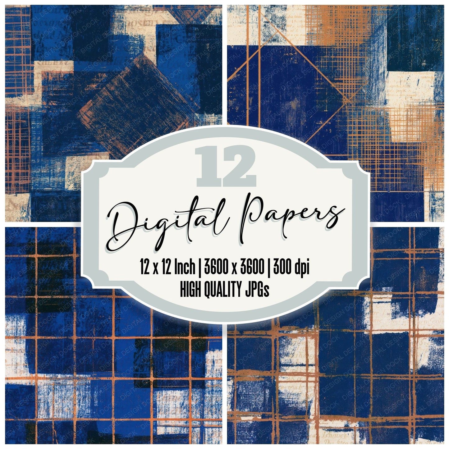 Woodcut Neon Grid Indigo Ivory Digital Paper Pack (DDD013482)