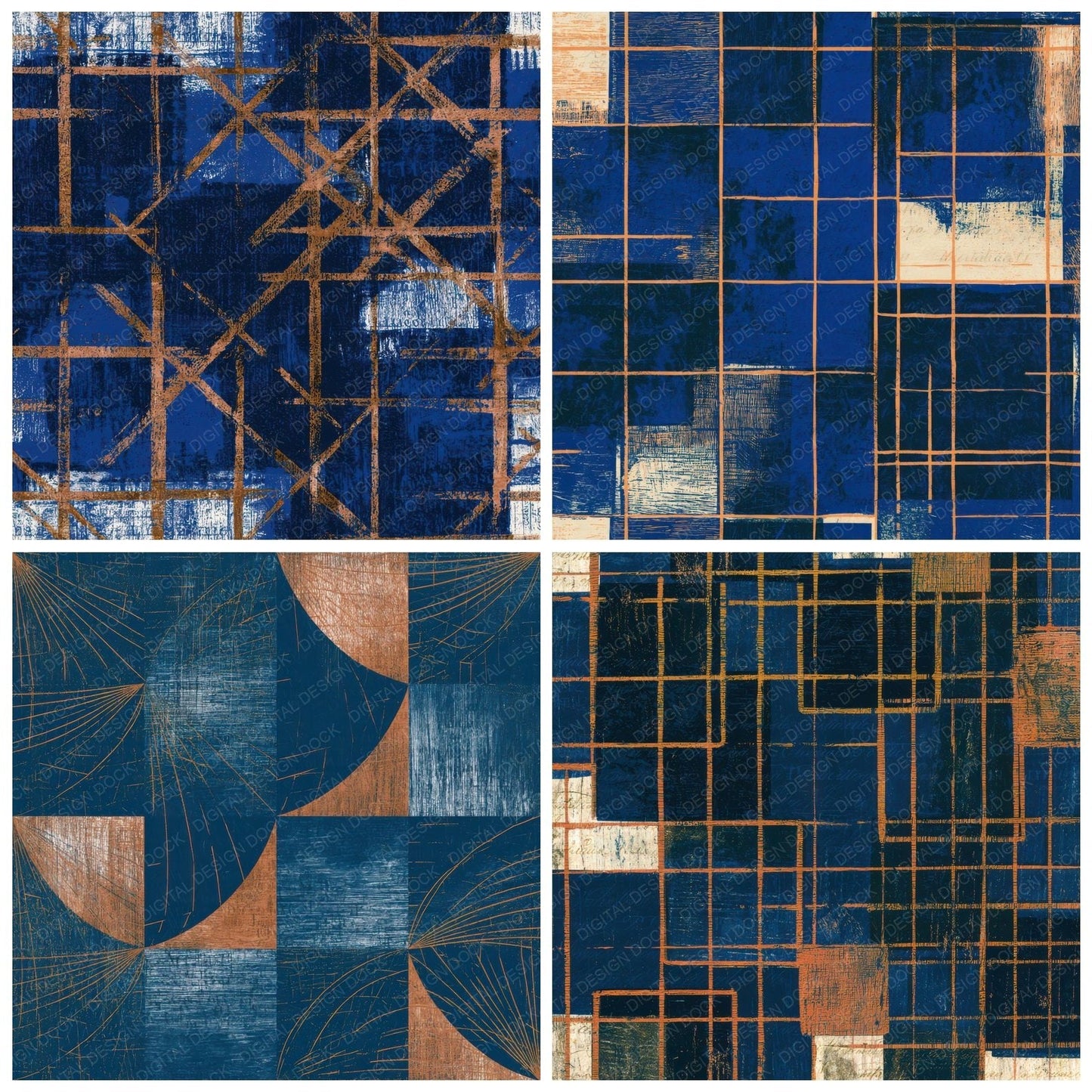Woodcut Neon Grid Indigo Ivory Digital Paper Pack (DDD013482)