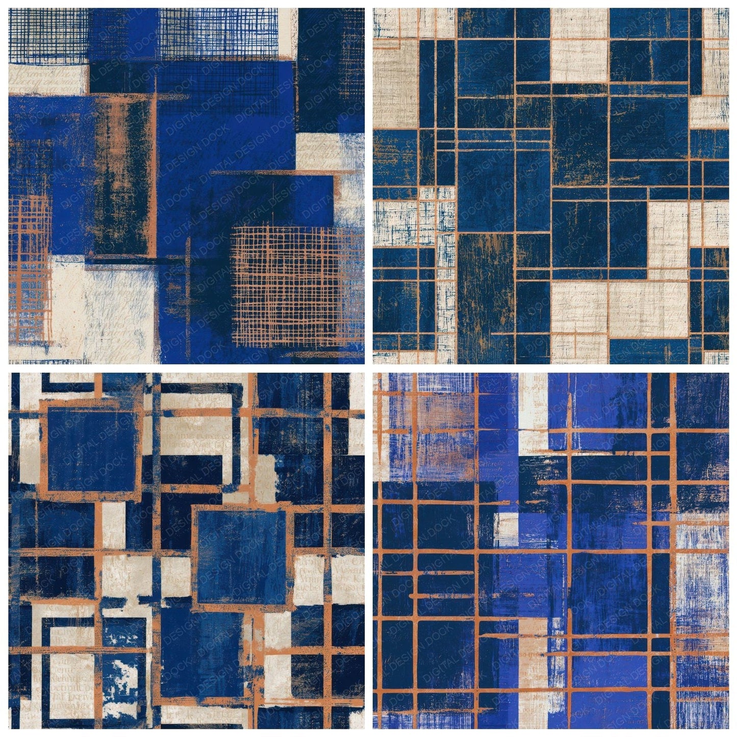Woodcut Neon Grid Indigo Ivory Digital Paper Pack (DDD013482)