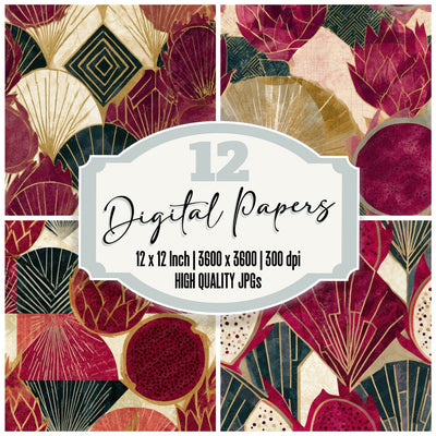 Art Deco Dragon Fruit Cherry Seamless Digital Paper Pack (DDD013486)