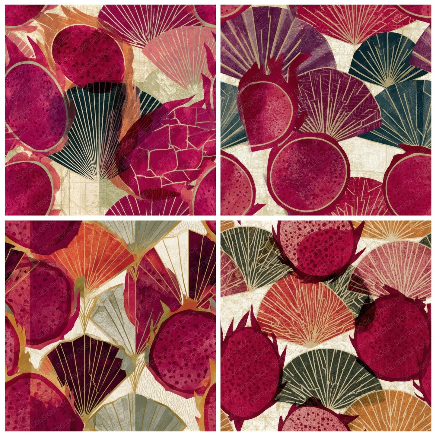 Art Deco Dragon Fruit Cherry Seamless Digital Paper Pack (DDD013486)