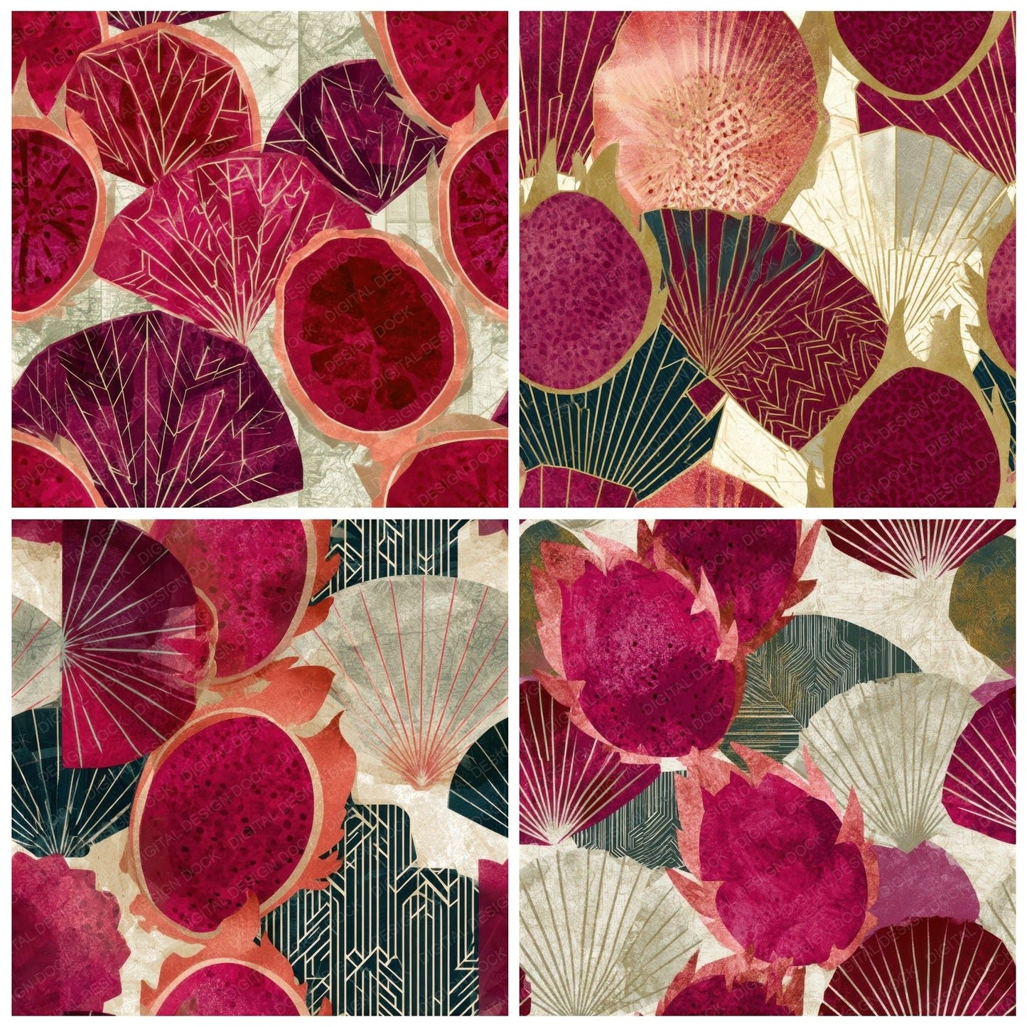 Art Deco Dragon Fruit Cherry Seamless Digital Paper Pack (DDD013486)