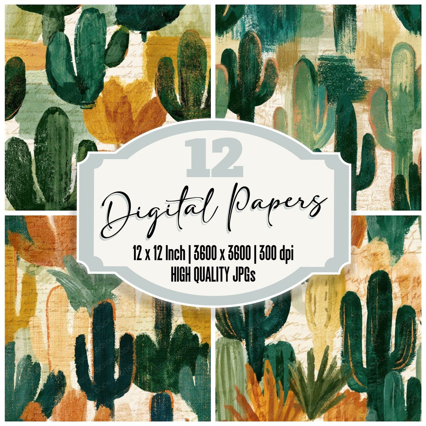 Gouache Cactus Ivory Green Seamless Digital Paper Pack (DDD013494)