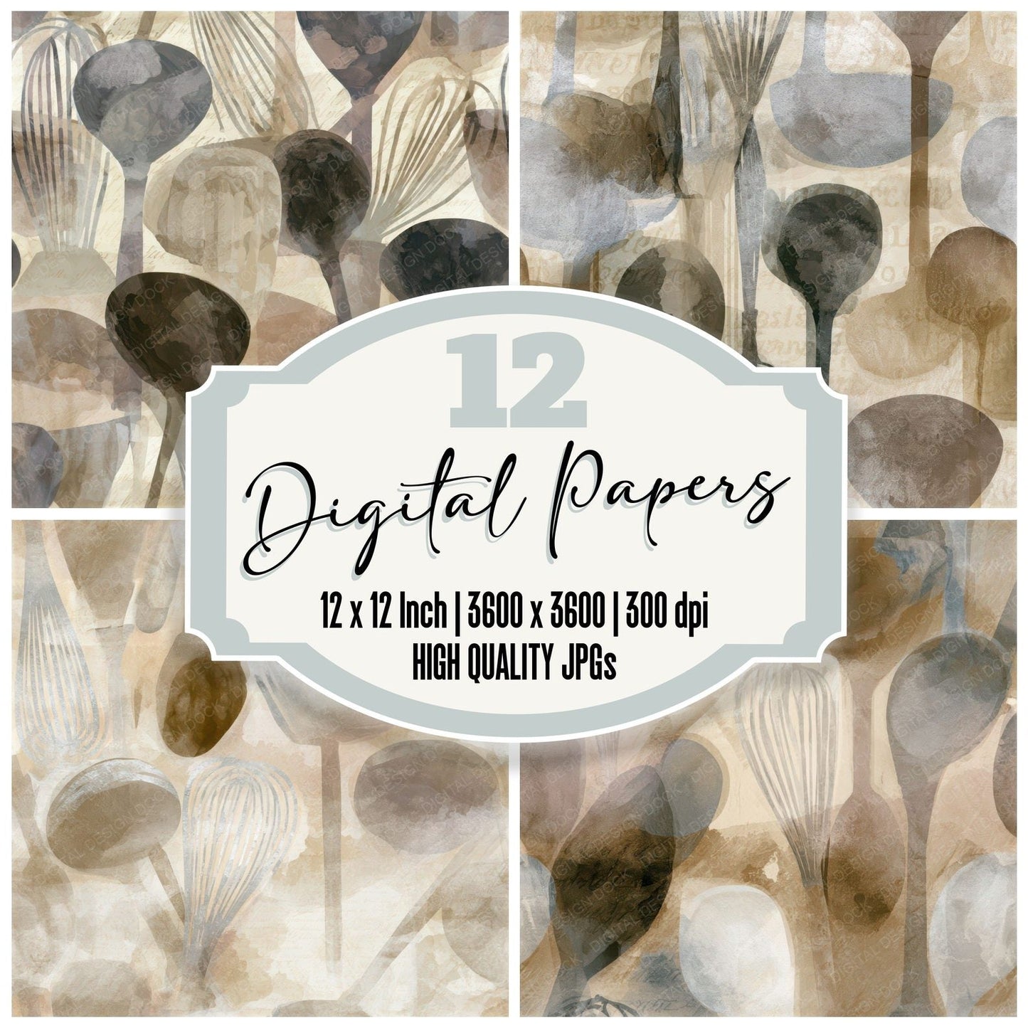 Ink Wash Kitchen Utensils Oyster Seamless Digital Paper Pack (DDD013496)