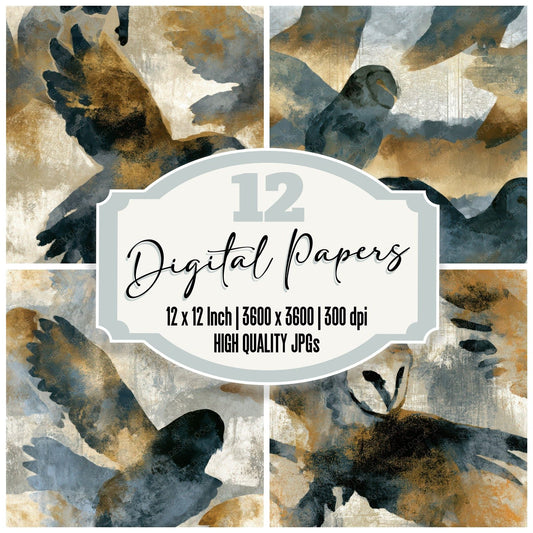 Sumi-e Barn Owls Stone Bone Seamless Digital Paper Pack (DDD013500)