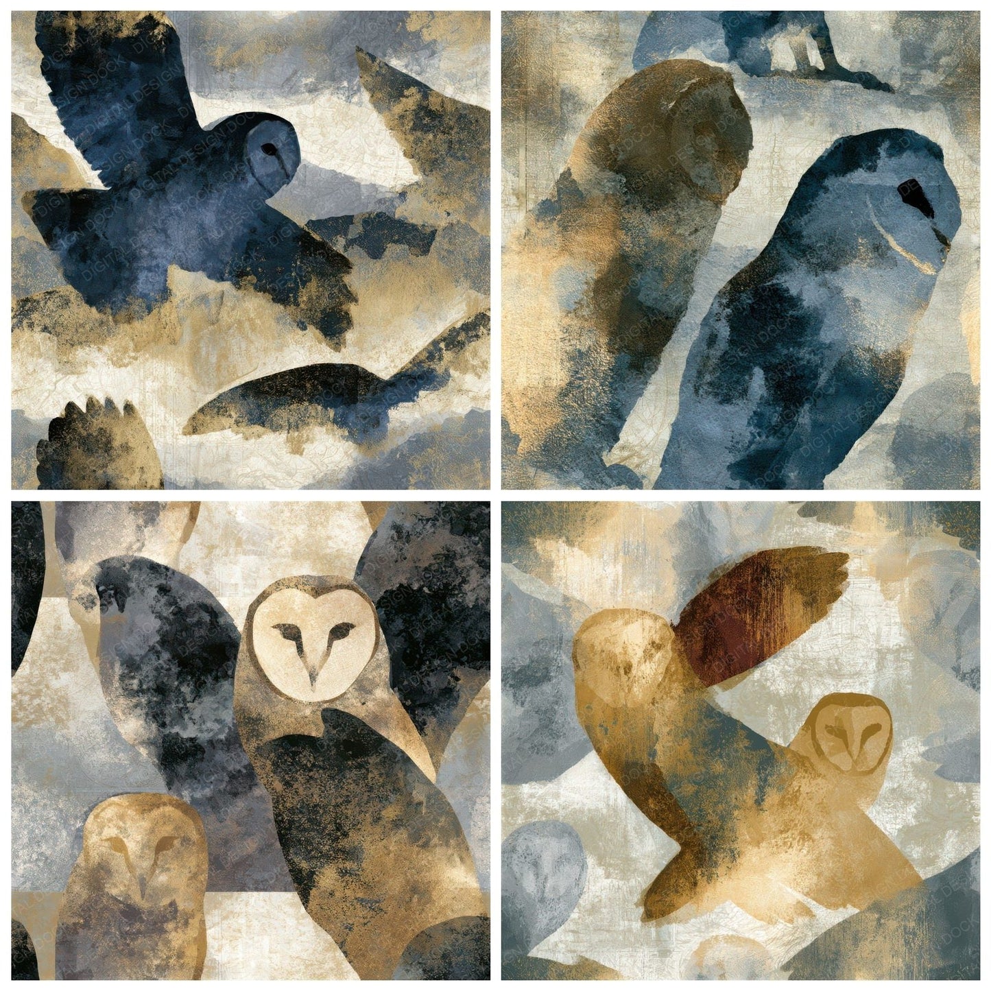 Sumi-e Barn Owls Stone Bone Seamless Digital Paper Pack (DDD013500)