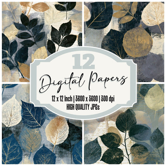 Woodblock Pressed Leaves Oyster Grey Seamless Digital Paper Pack (DDD013503)