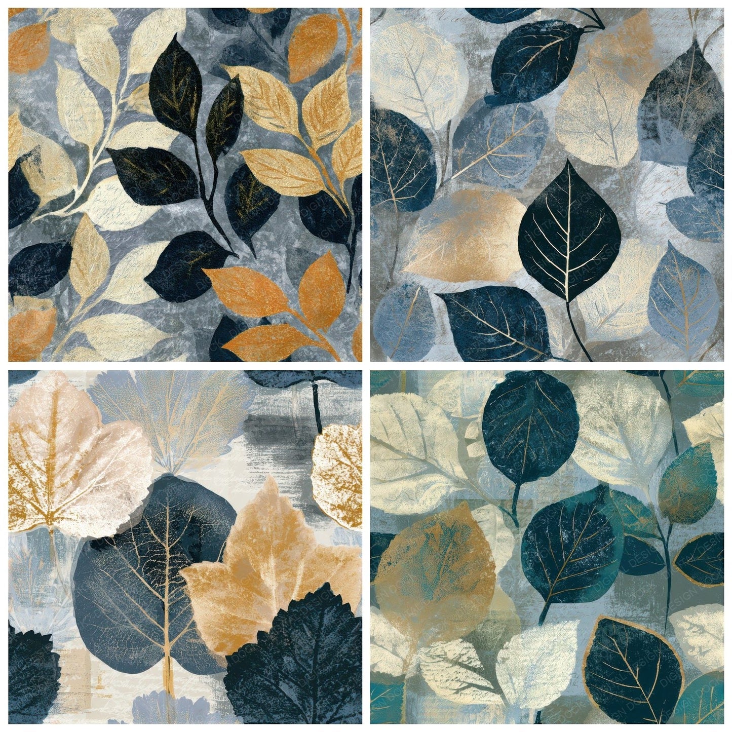 Woodblock Pressed Leaves Oyster Grey Seamless Digital Paper Pack (DDD013503)