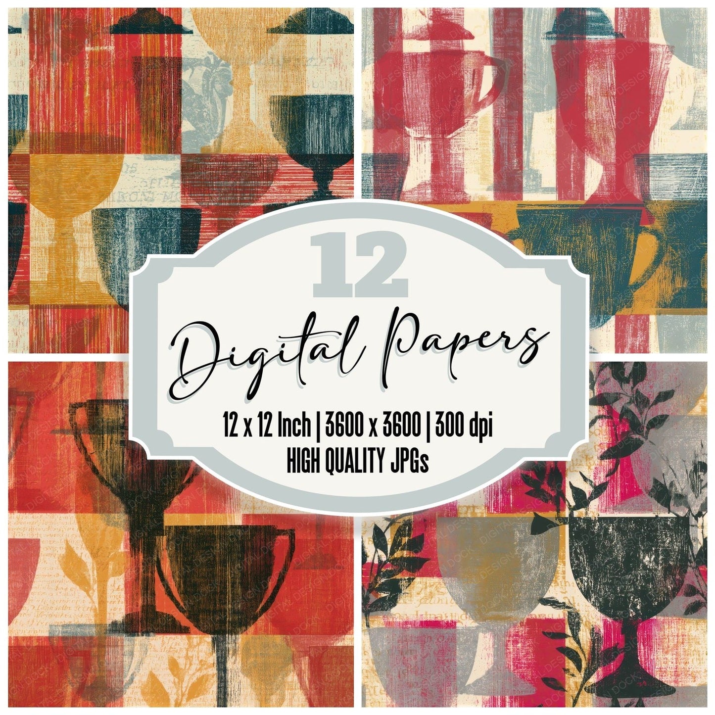 Woodcut Trophy Cups Candy Red Seamless Digital Paper Pack (DDD013504)