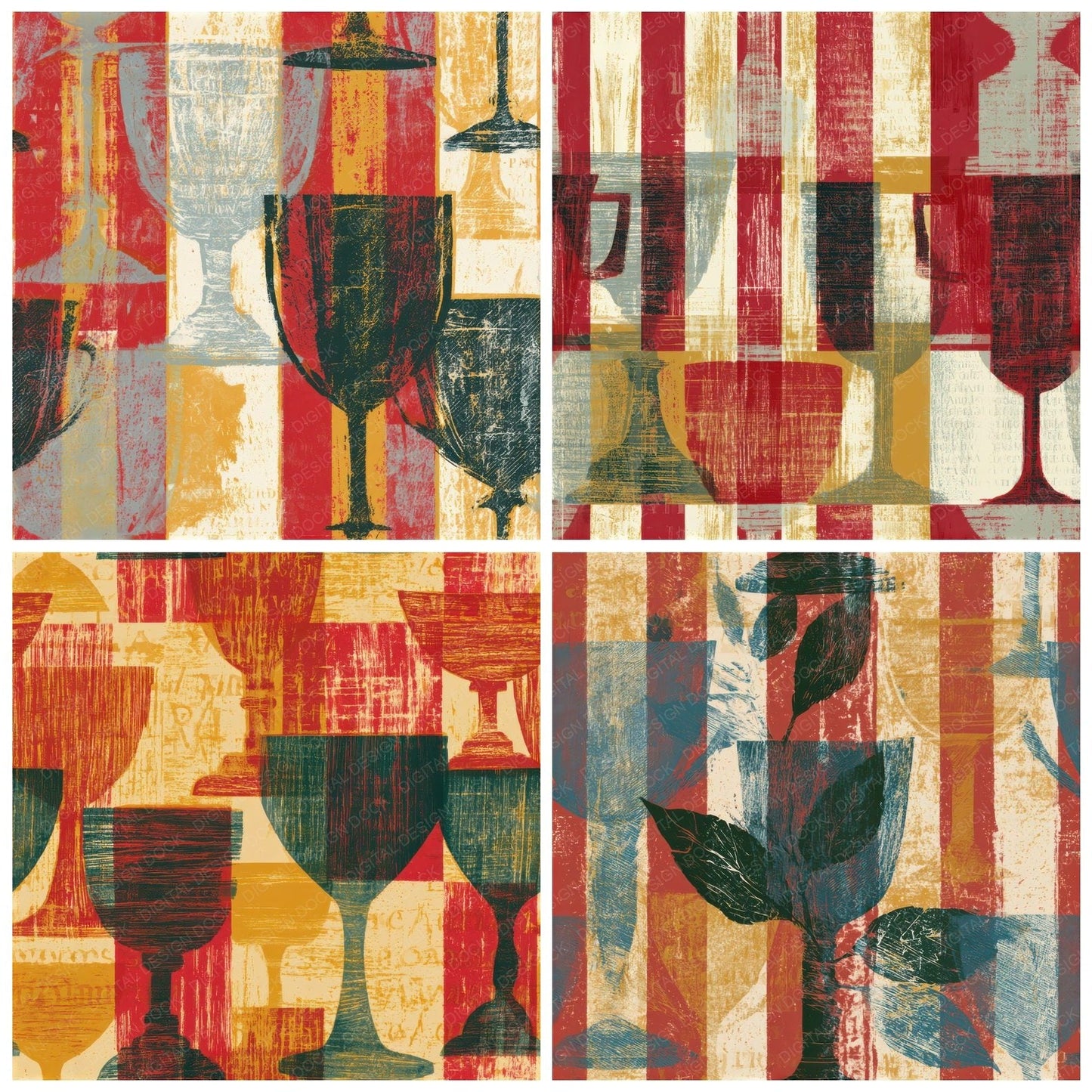 Woodcut Trophy Cups Candy Red Seamless Digital Paper Pack (DDD013504)