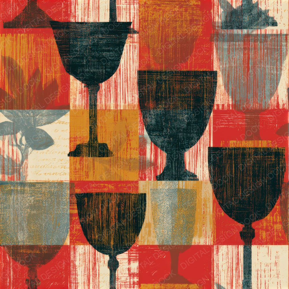Woodcut Trophy Cups Candy Red Seamless Digital Paper Pack (DDD013504)