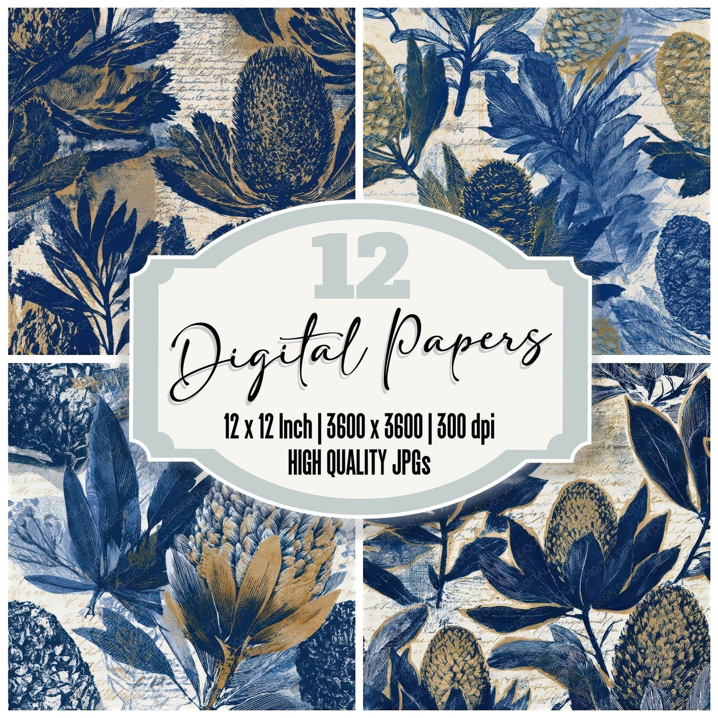 Etching Banksia Indigo Ivory Seamless Digital Paper Pack (DDD013507)