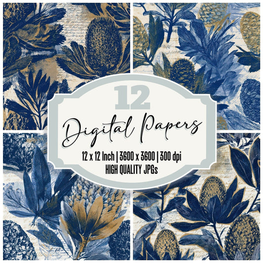 Etching Banksia Indigo Ivory Seamless Digital Paper Pack (DDD013507)
